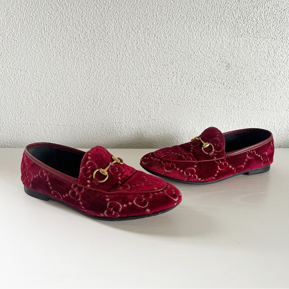 Gucci Jordaan Horsebit Loafers Red GG Velvet EU 36.5 US 6.5 - Picture 9 of 16